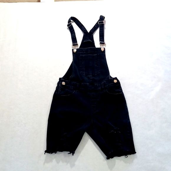 Pants - Ling Collection junior sz Lg black raw hem distressed overall shorts /